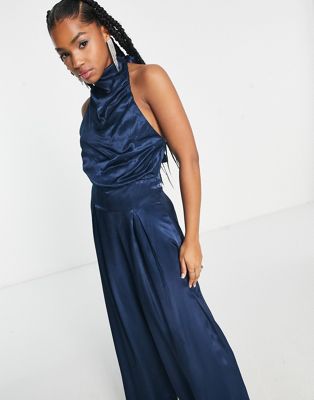 Annie satin backless jumpsuit in navy