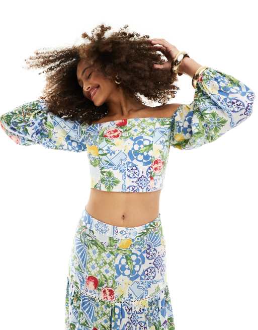 Nobody's Child - Apple - Cropped bardottop in bloemenprint, deel van co-ord set