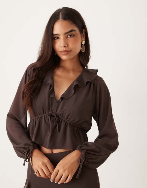 Nobody's Child - Arden - Blusa bohémien color cioccolato con volant in coordinato