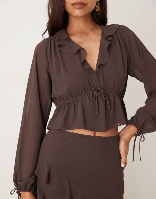 Nobody's Child – Arden – Boho-Bluse in Schokobraun mit Rüschendesign, Kombiteil, 4 von 4