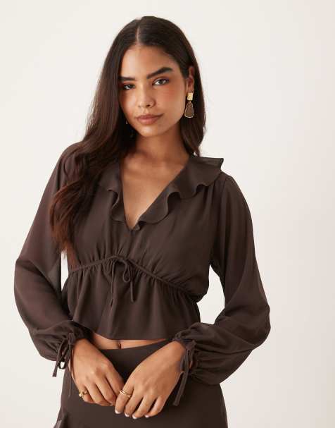 Nobody's Child Arden ruffle boho blouse co-ord in chocolate