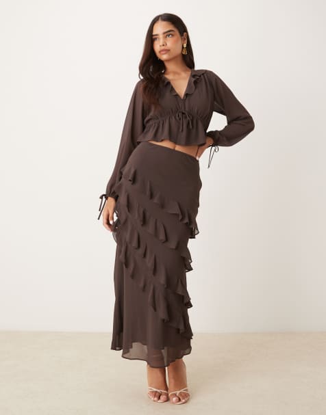 Nobody's Child Arden ruffle midi skirt co-ord in chocolate