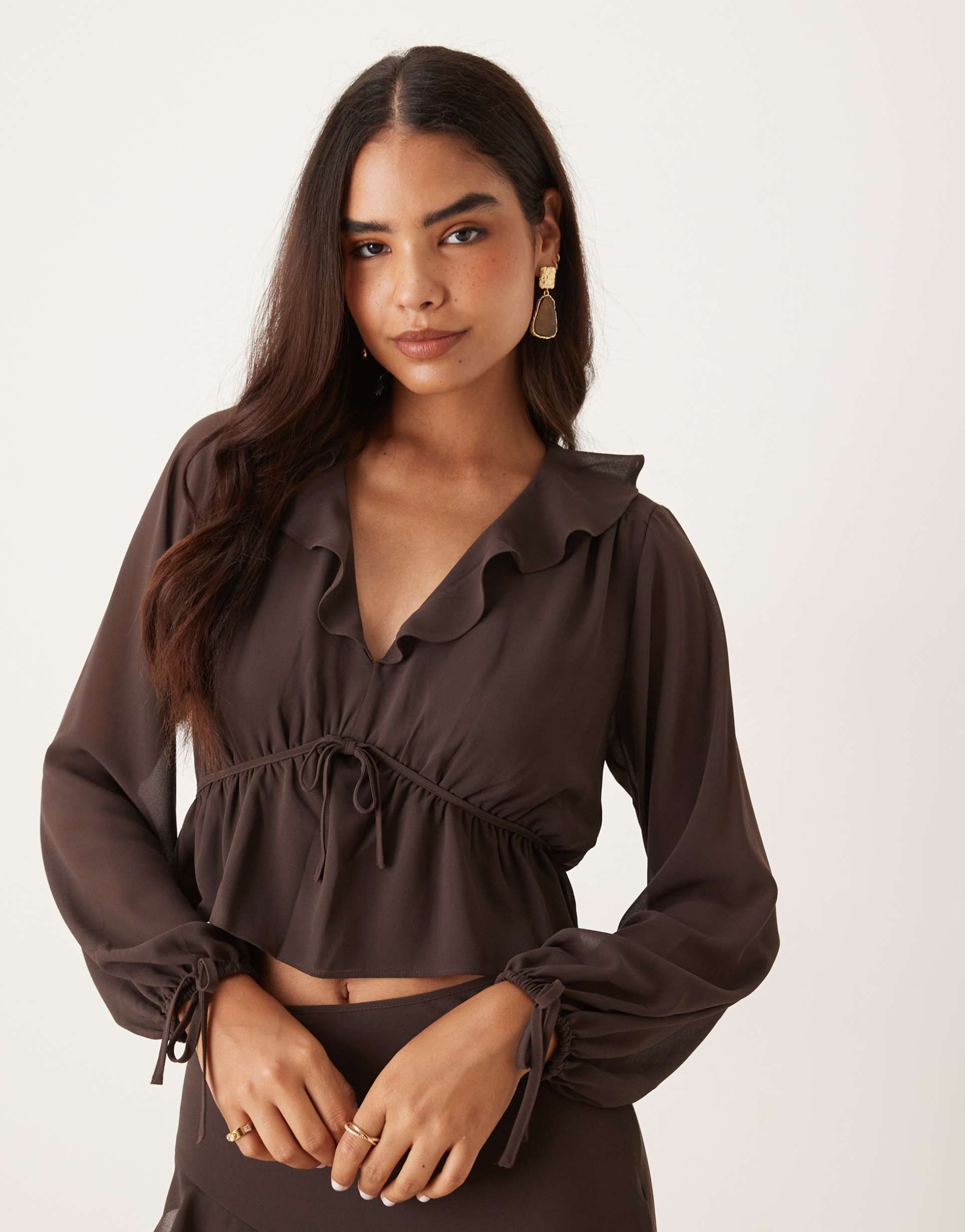 nobody's child arden ruffle boho blouse in chocolate - part of a set