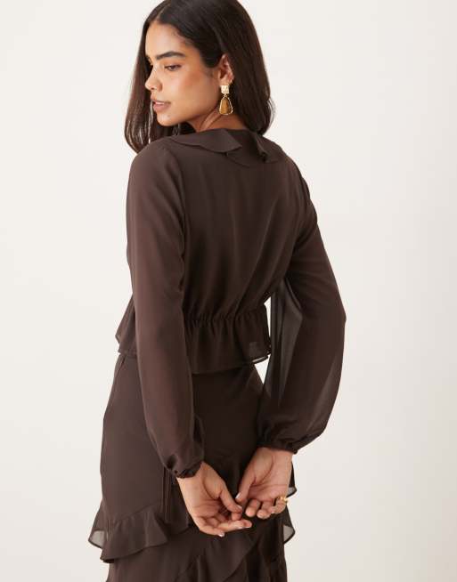 Nobody's Child Arden ruffle boho blouse in chocolate (part of a set), 3 of 4