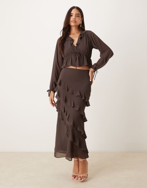Nobody's Child Arden ruffle midi skirt co-ord in chocolate - BROWN - view 1