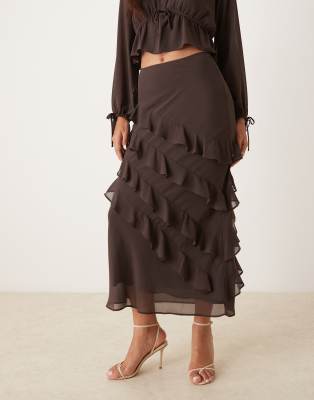 Nobody's Child Arden Ruffle Midi Skirt In Brown