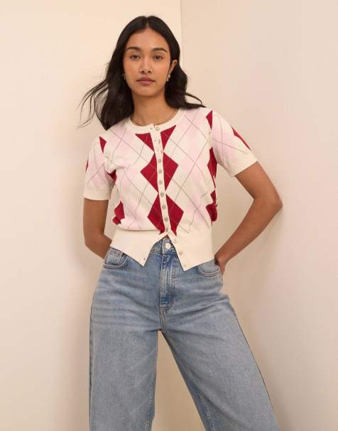Nobody's Child Argyle check short sleeve cardigan in white - view 1
