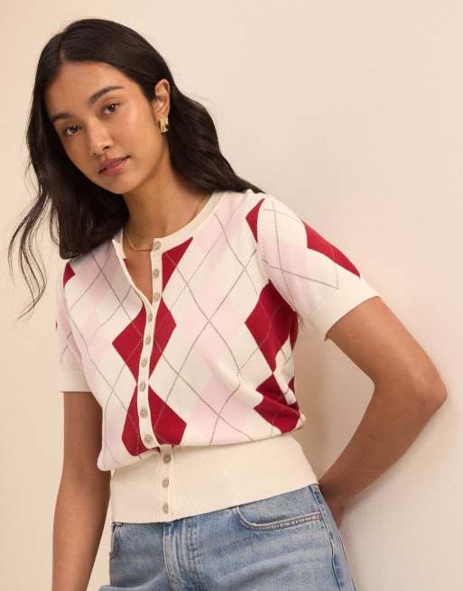 Nobody's Child Argyle check short sleeve cardigan in white, 4 of 5