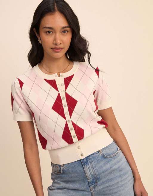 Nobody's Child Argyle check short sleeve cardigan in white, 5 of 5
