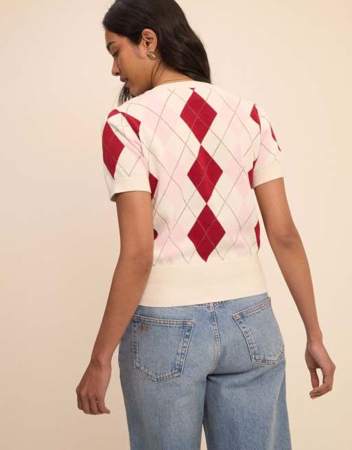 Nobody's Child Argyle cotton check short sleeve cardigan in white, 2 of 5