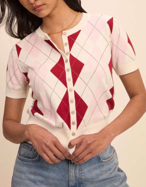 Nobody's Child Argyle cotton check short sleeve cardigan in white, 3 of 5