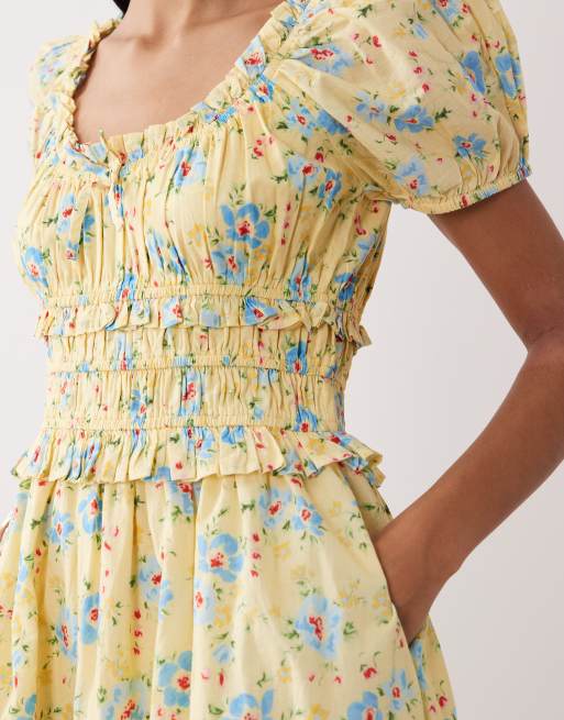 Nobody's Child Ariel bomulds milkmaid-midikjole med citronblomstret print, 4 af 4