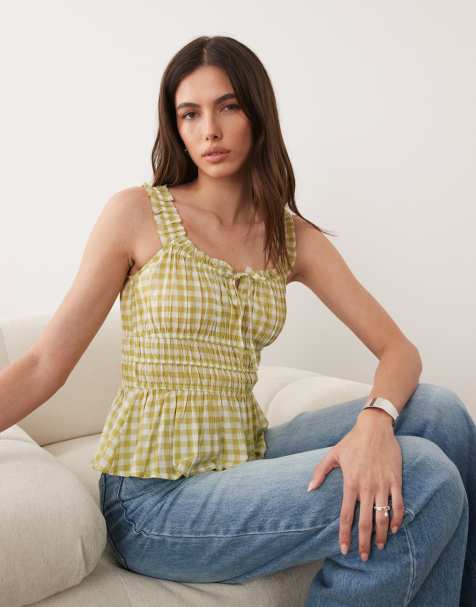 Nobody's Child Ariel cotton rich shirred detail ruffle trim top in yellow gingham - view 1