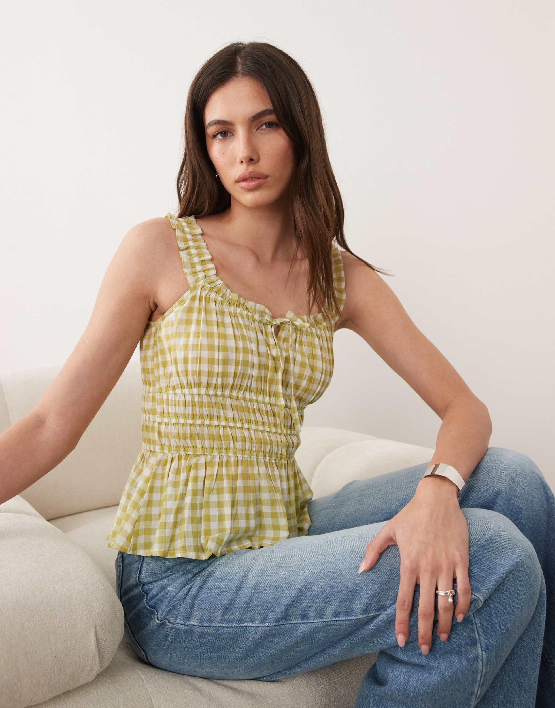 nobody's child ariel cotton rich shirred detail ruffle trim top in yellow gingham