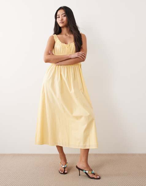 Nobody's Child Ariel cotton ruched bodice ruffle trim midi dress in butter yellow - view 1