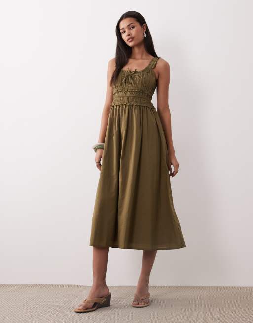 green cotton midi dress Nobody's Child Ariel ruched detail in khaki Romantic Chiffon Dress