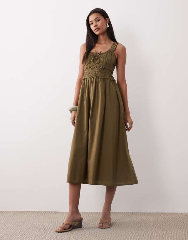 ariel green dress Nobody's Child cotton ruched detail midi in khaki Cartoon