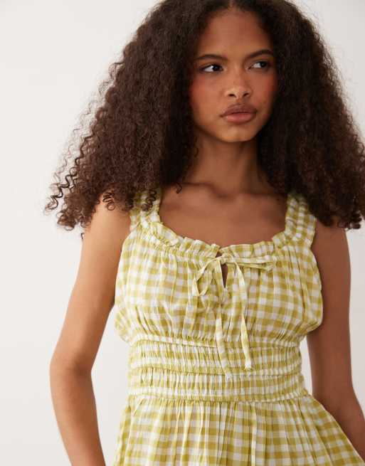 Nobody's Child - Ariel - Gul bomuldsrig top med gingham-tern og rynkede detaljer samt flæsekant, 3 af 4
