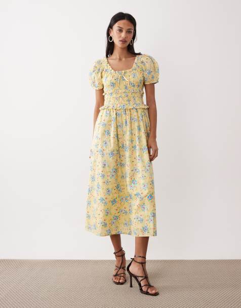 Nobody's Child Ariel Midi-Kleid aus Baumwolle im Milkmaid-Stil mit Zitronen-Blumenprint - view 1