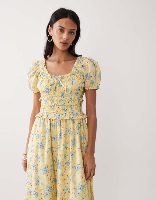 Nobody's Child – Ariel – Midikleid im Milchmädchen-Stil in Zitronengelb mit Blumenmuster, 2 von 4