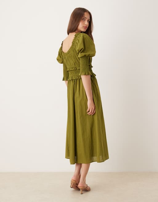 Nobody's Child – Ariel – Midikleid im Milkmaid-Stil in Olivgrün, 2 von 4