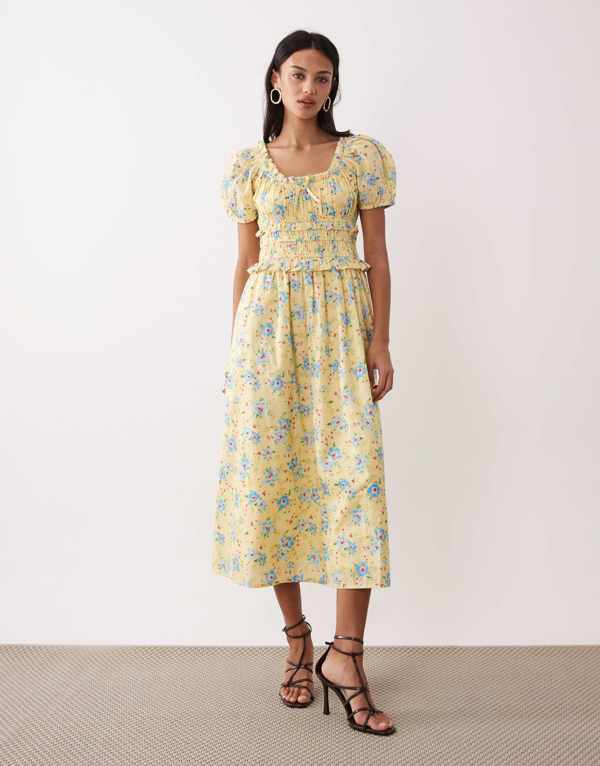 nobody's child ariel milkmaid midi dress in lemon floral print