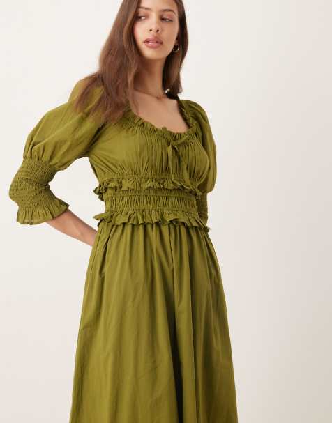 Nobody's Child Ariel milkmaid midi dress in olive green - view 1