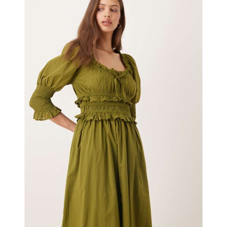 ecote olive ruffled drop waist milkmaid mini dress Damson Madder - Leili Ruffle Mini Dress- Olive