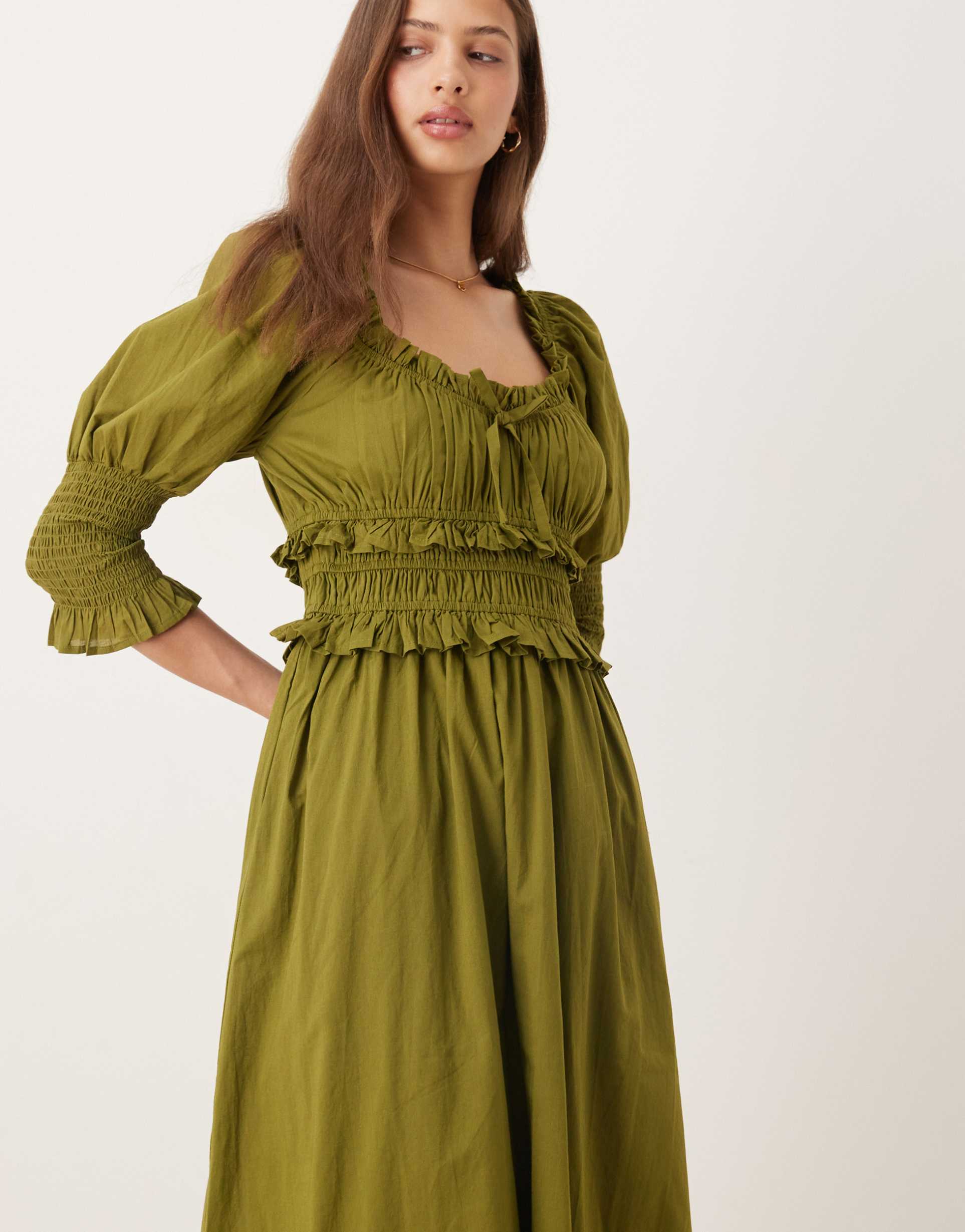 nobody's child ariel milkmaid midi dress in olive green