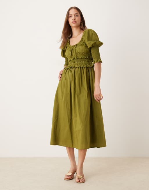 Nobody's Child Ariel milkmaid midi dress in olive green ASOS