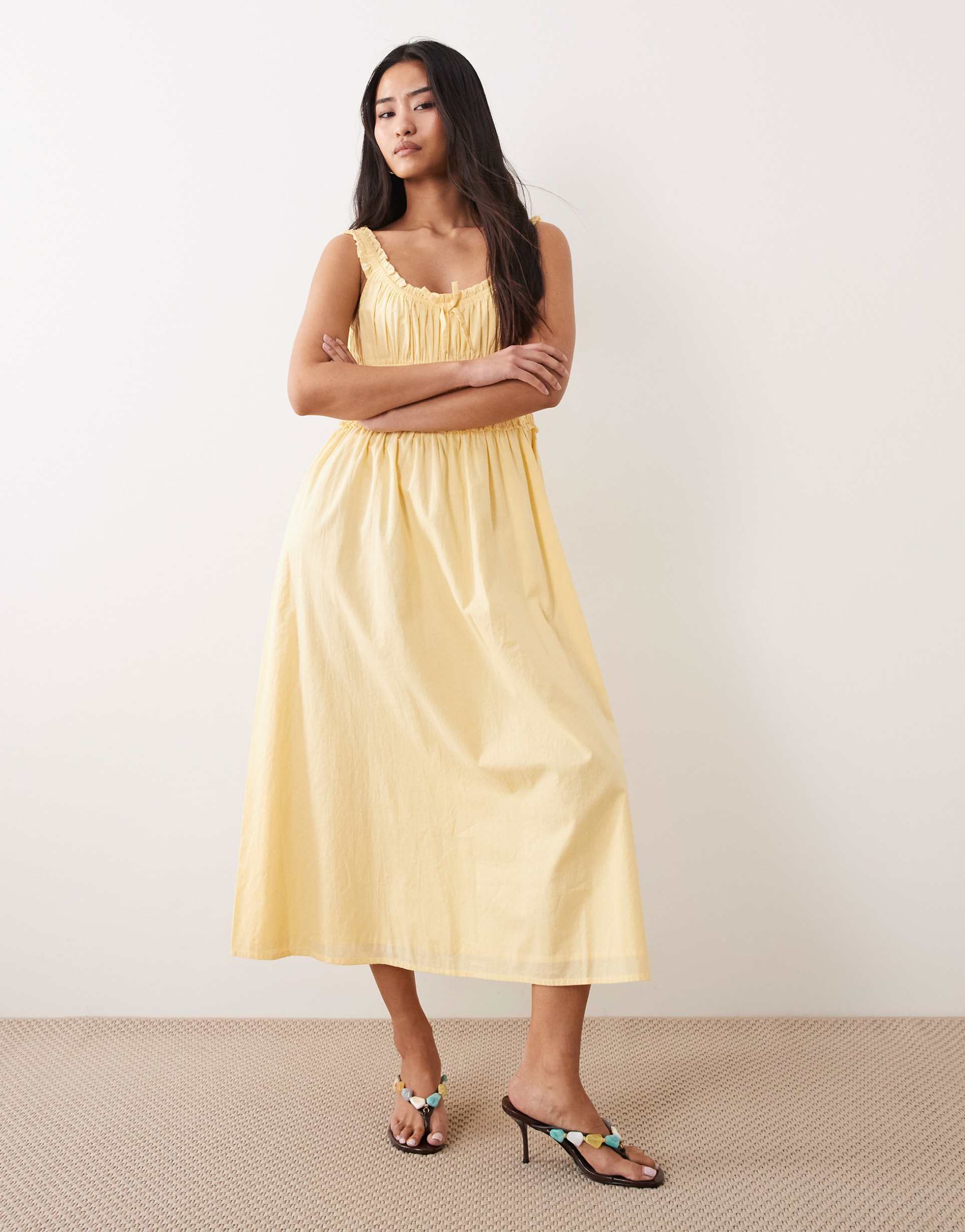 nobody's child ariel ruched bodice ruffle trim midi dress in butter yellow