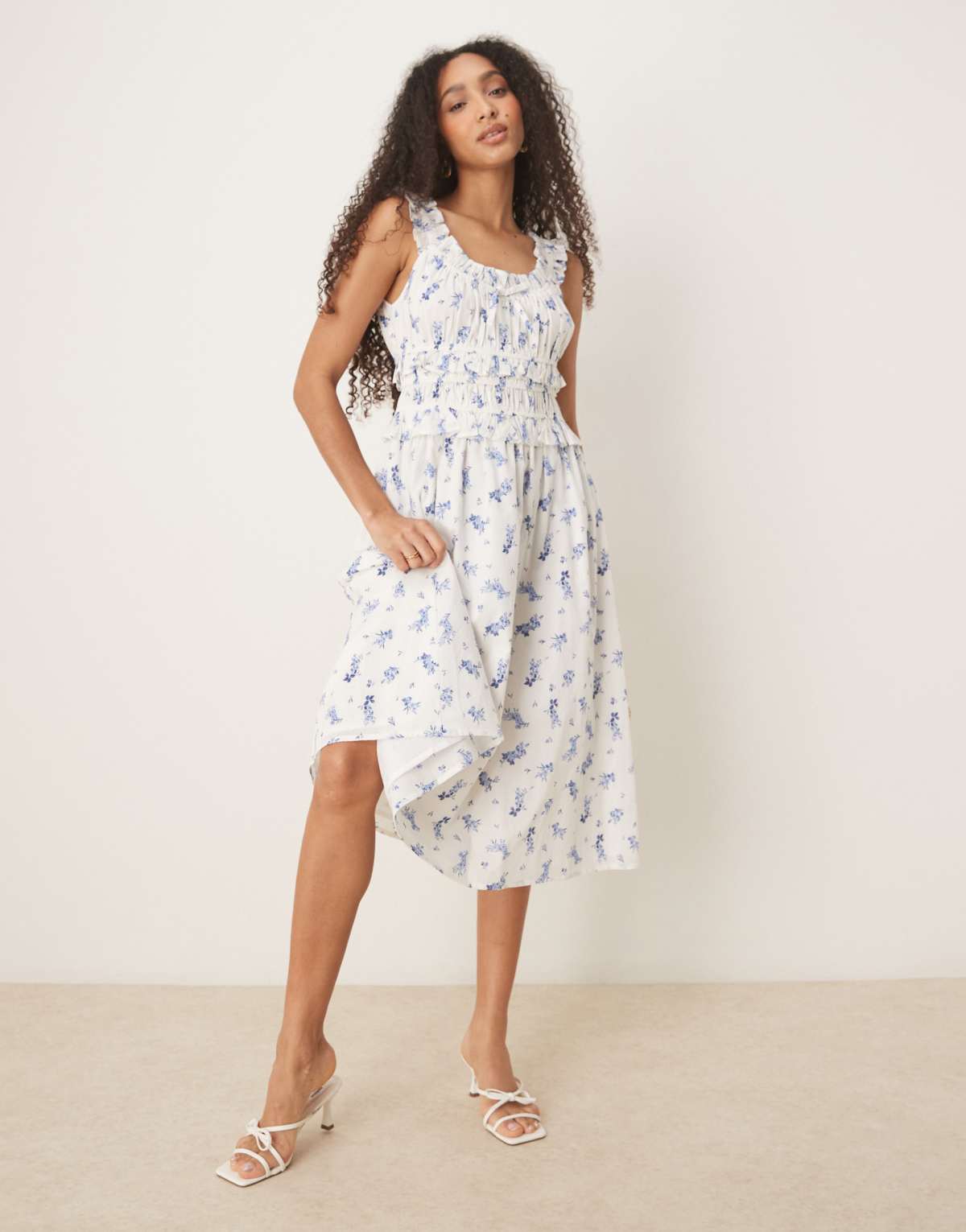 Nobody's Child Ariel ruffle detail midi dress in white and blue floral
