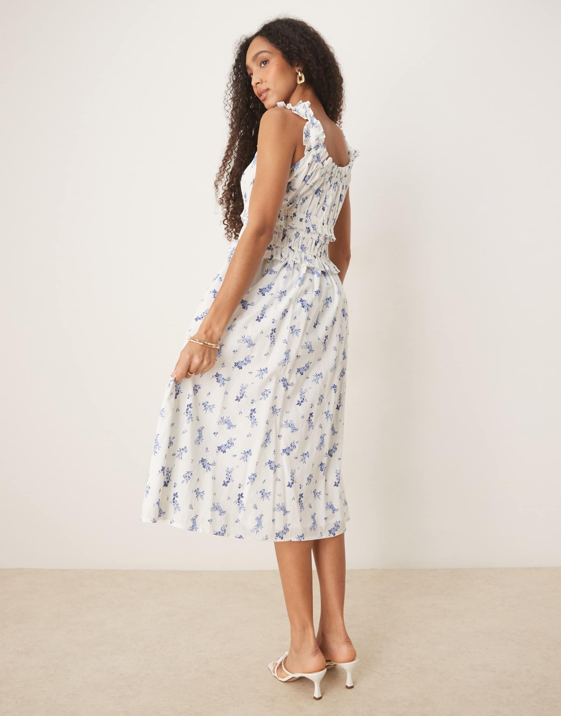 nobody's child ariel ruffle detail midi dress in white and blue floral