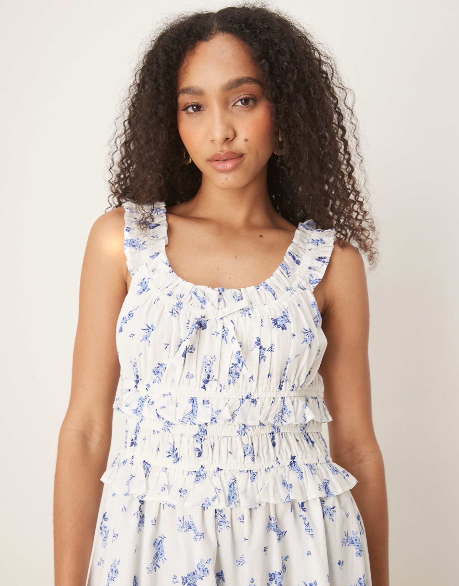 nobody's child ariel ruffle detail midi dress in white and blue floral