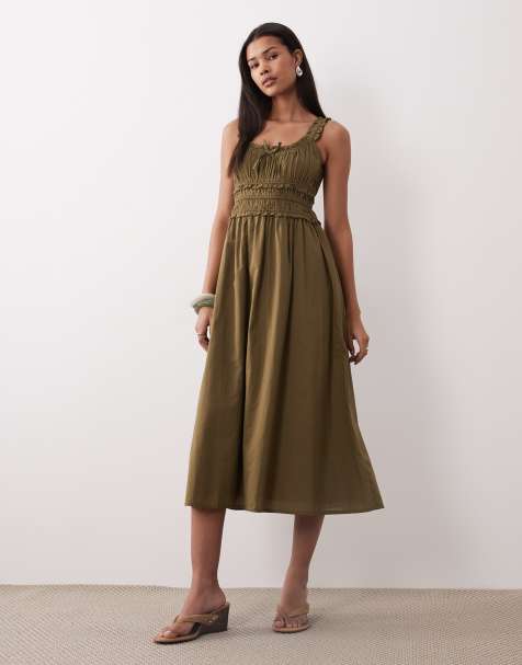 Nobody's Child - Ariel - Vestito midi arricciato verde kaki - view 1