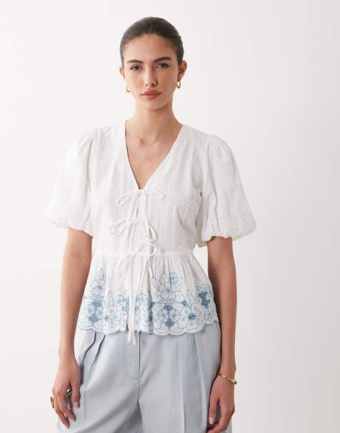 Nobody's Child Aries cotton puff sleeve tie detail contrast embroidered top in white - view 1