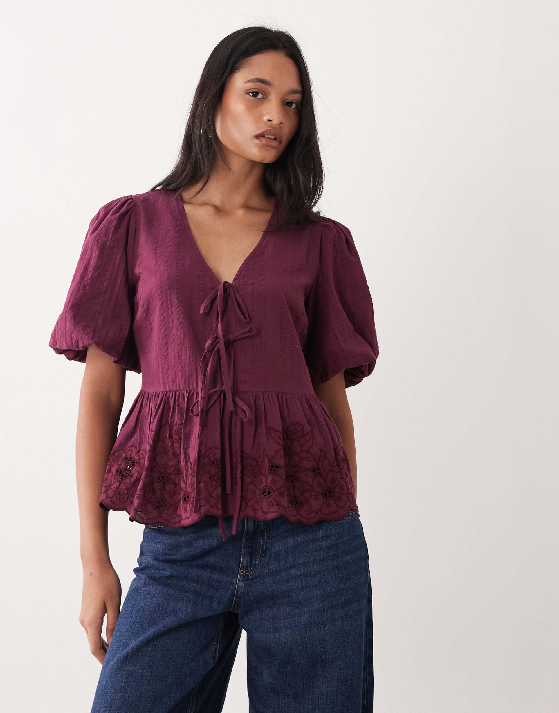 nobody's child aries puff sleeve bow detail embroidered blouse in deep red