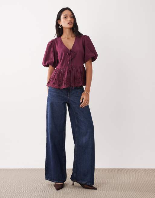 Nobody's Child Aries puff sleeve bow detail embroidered blouse in deep red, 2 of 4