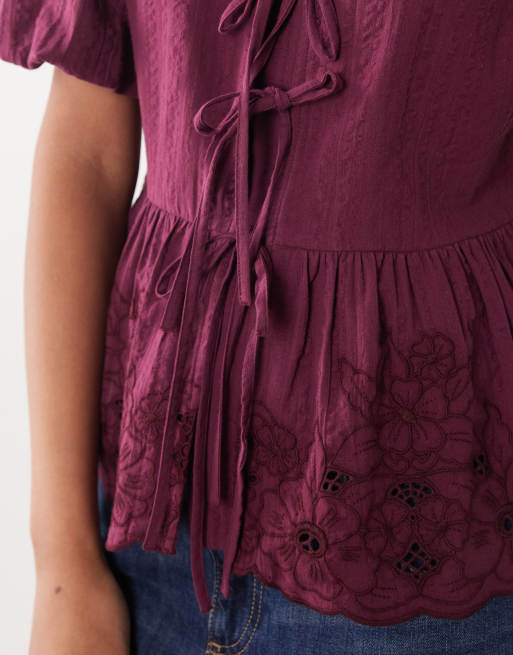 Nobody's Child Aries puff sleeve bow detail embroidered blouse in deep red, 3 of 4