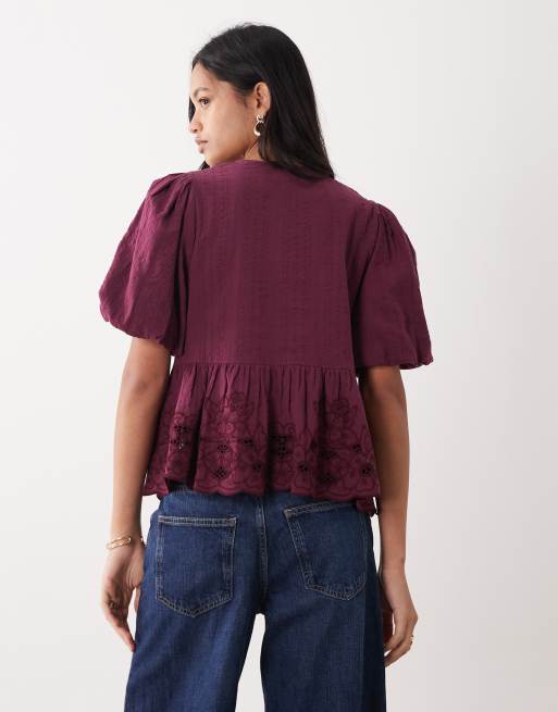 Nobody's Child Aries puff sleeve bow detail embroidered blouse in deep red, 4 of 4