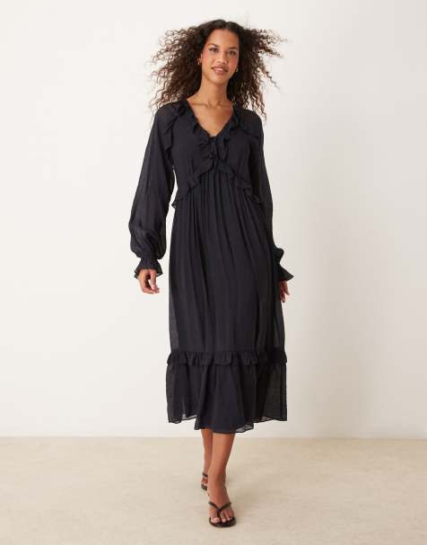 Nobody's Child Aries ruffle detail midi dress in deep navy - view 1