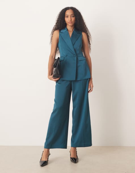 Nobody's Child Arlo satin sleeveless blazer co-ord in dark green - view 1