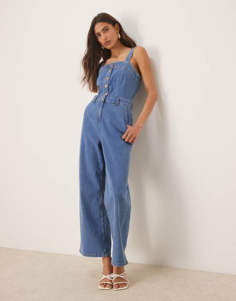 Nobody's Child Aster button strappy denim jumpsuit in mid wash - view 1
