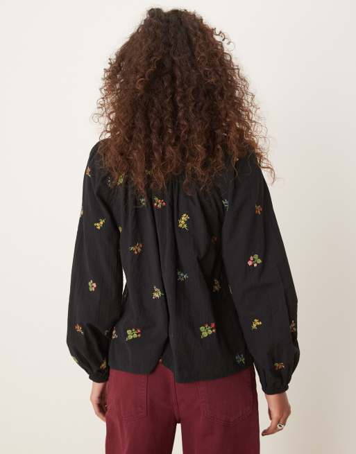 Nobody's Child Aster yoke detail blouse with embroidery in black, 3 of 4