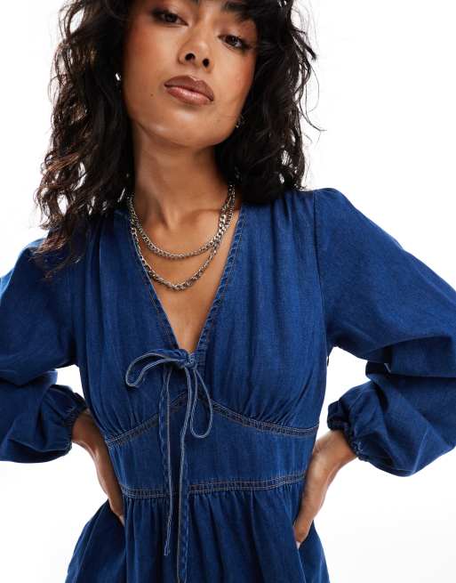 Nobody's Child Astra denim midaxi dress with tie detail in blue | ASOS