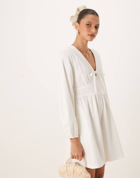 Nobody's Child Astra long sleeve mini dress in cream denim