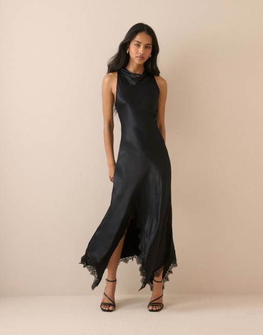 Nobody's Child Asymmetrical hem satin marta maxi dress in black, 4 of 7