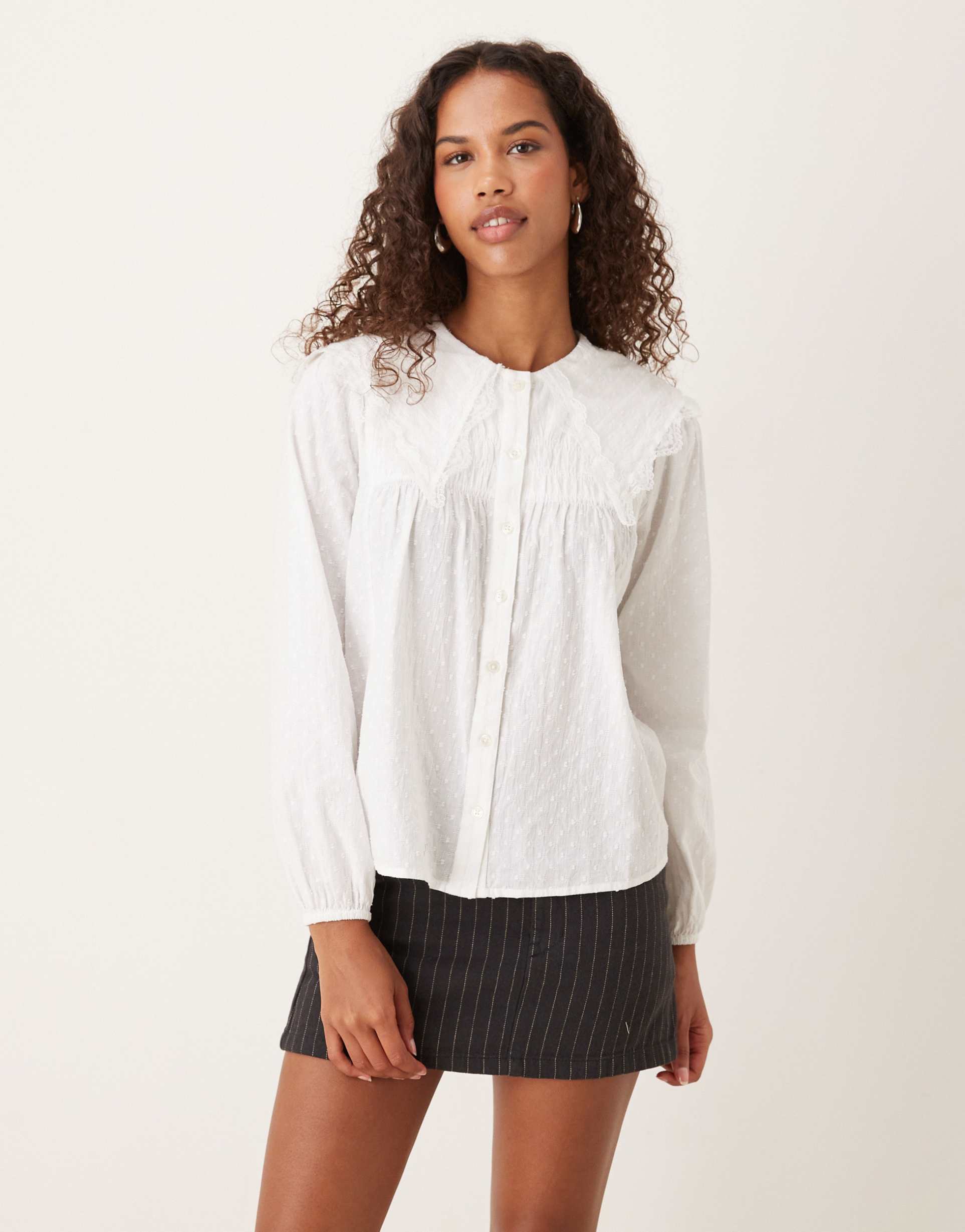 nobody's child augusta button up blouse with oversized collar in ivory