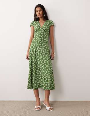 Avery - Robe mi-longue à fleurs avec col V et mancherons - Vert 40