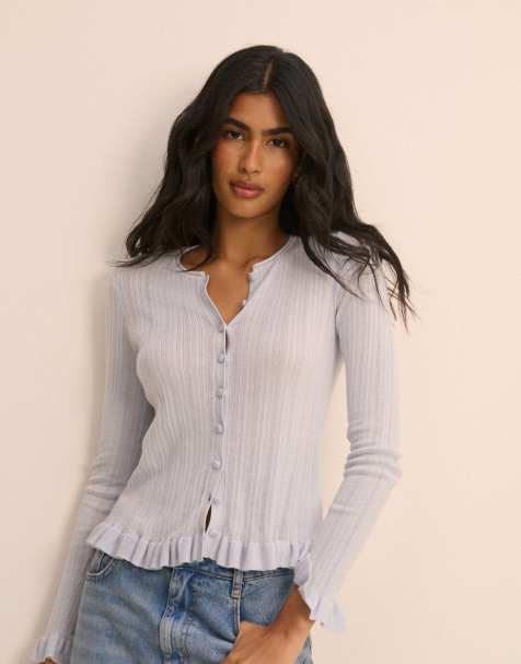 Nobody's Child Baby rib and ruffle sheer knit cardigan in blue - view 1